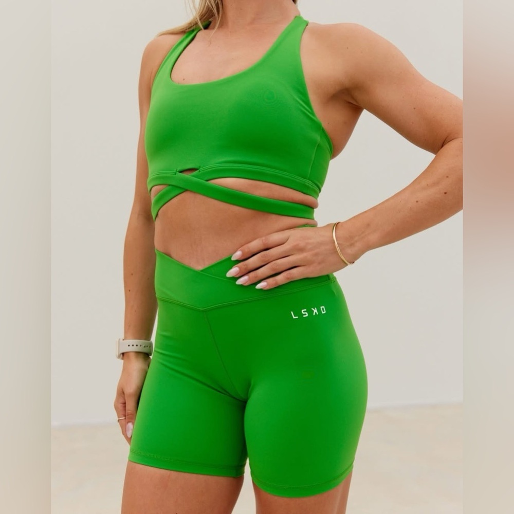 LSKD Vivid Green Strike Mid Bike Shorts Crossover High Waist